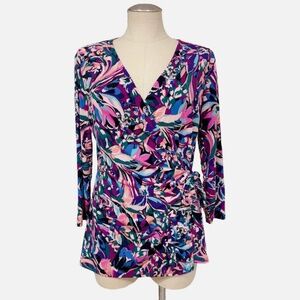 Jaclyn Smith Collection Women's Multicolor Printed Wrap Blouse Top Size M